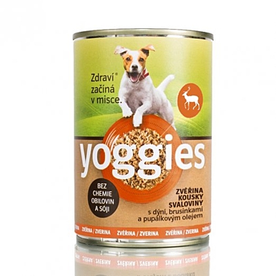 5+1 zdarma (6x400g) zvěřinová konzerva pro psy Yoggies s dýní a pupálkovým olejem